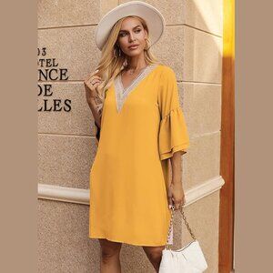 2/$24 💥🆕 Hotouch Yellow Bell Sleeve Guipure V-Neck Mini Dress | Sz XXL | 2528